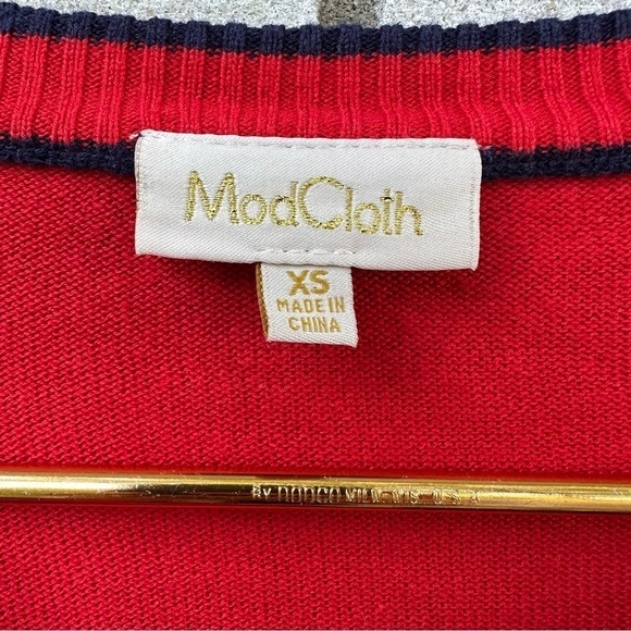 ModCloth Red Navy Trim Modal Cotton Button Front Knit Cardigan Sweater - Picture 3 of 8